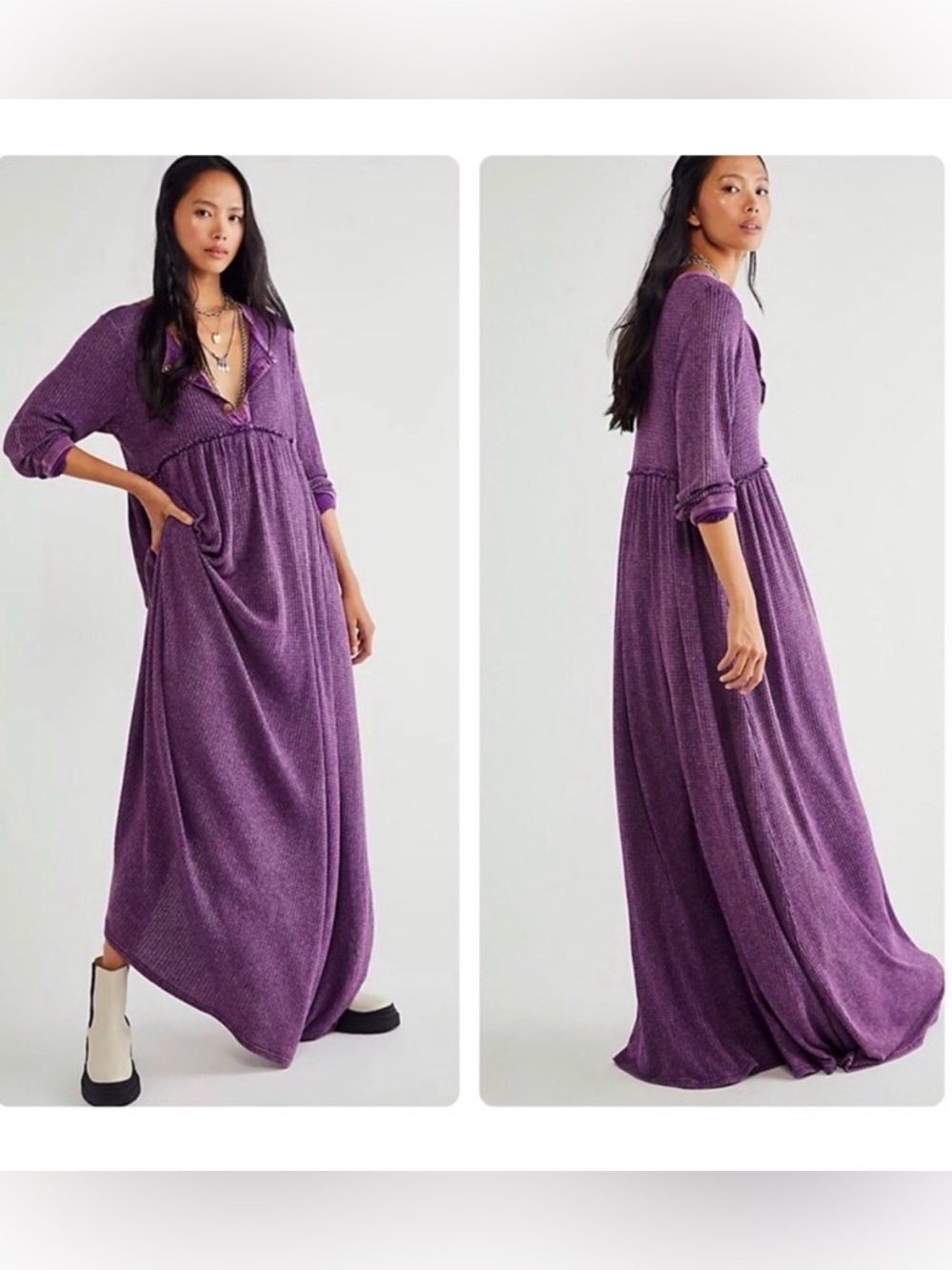 Free People Marissa Henley Waffle Knit thermal maxi dress Sz Small